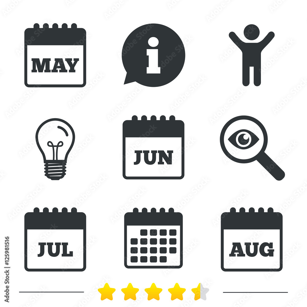 Calendar icons. May, June, July and August month symbols. Date or event reminder sign. Information, light bulb and calendar icons. Investigate magnifier. Vector Calendar icons. May, June, July and August month symbols. Date or event reminder sign. Information, light bulb and calendar icons. Investigate magnifier. Vector