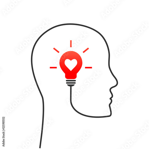 Positive thinking concept with profile and head line. Lightbulb with heart shape as inspiration and vision symbol.