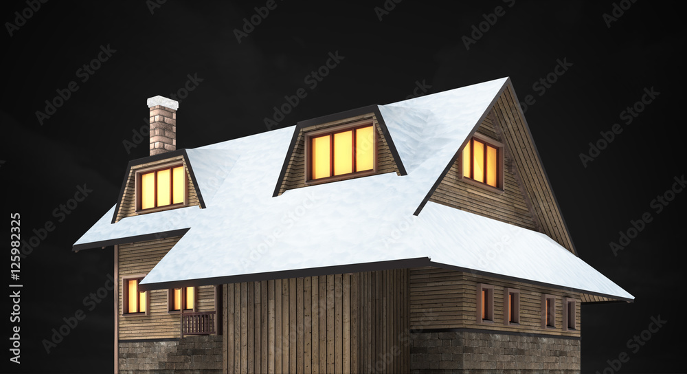 Wooden Mountain Lodge At Night Stock イラスト Adobe Stock