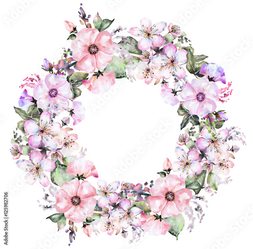 Watercolor round Frame with flower, wreath Floral frame for greeting card, weddings, isolated flowers composition