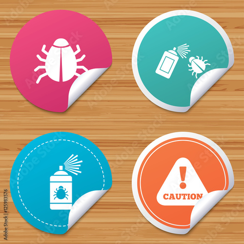 Round stickers or website banners. Bug disinfection icons. Caution attention symbol. Insect fumigation spray sign. Circle badges with bended corner. Vector