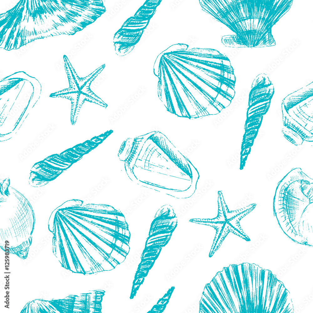 Seashells hand drawn vector graphic etching sketch isolated on white background, seamless pattern, underwater artistic marine blue texture, design for greeting card, decorative textile, water paper