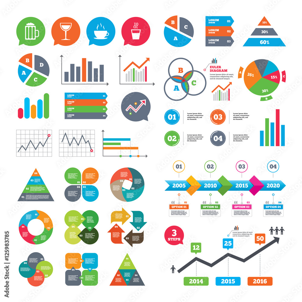 Business charts. Growth graph. Drinks icons. Coffee cup and glass of beer symbols. Wine glass sign. Market report presentation. Vector Business charts. Growth graph. Drinks icons. Coffee cup and glass of beer symbols. Wine glass sign. Market report presentation. Vector