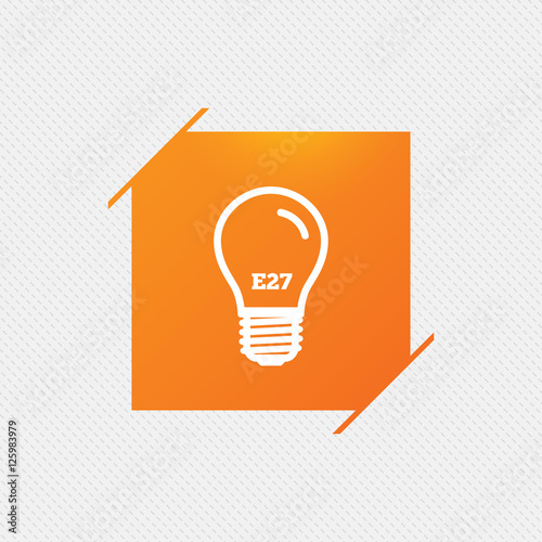 Light bulb icon. Lamp E27 screw socket symbol. Led light sign. Orange square label on pattern. Vector