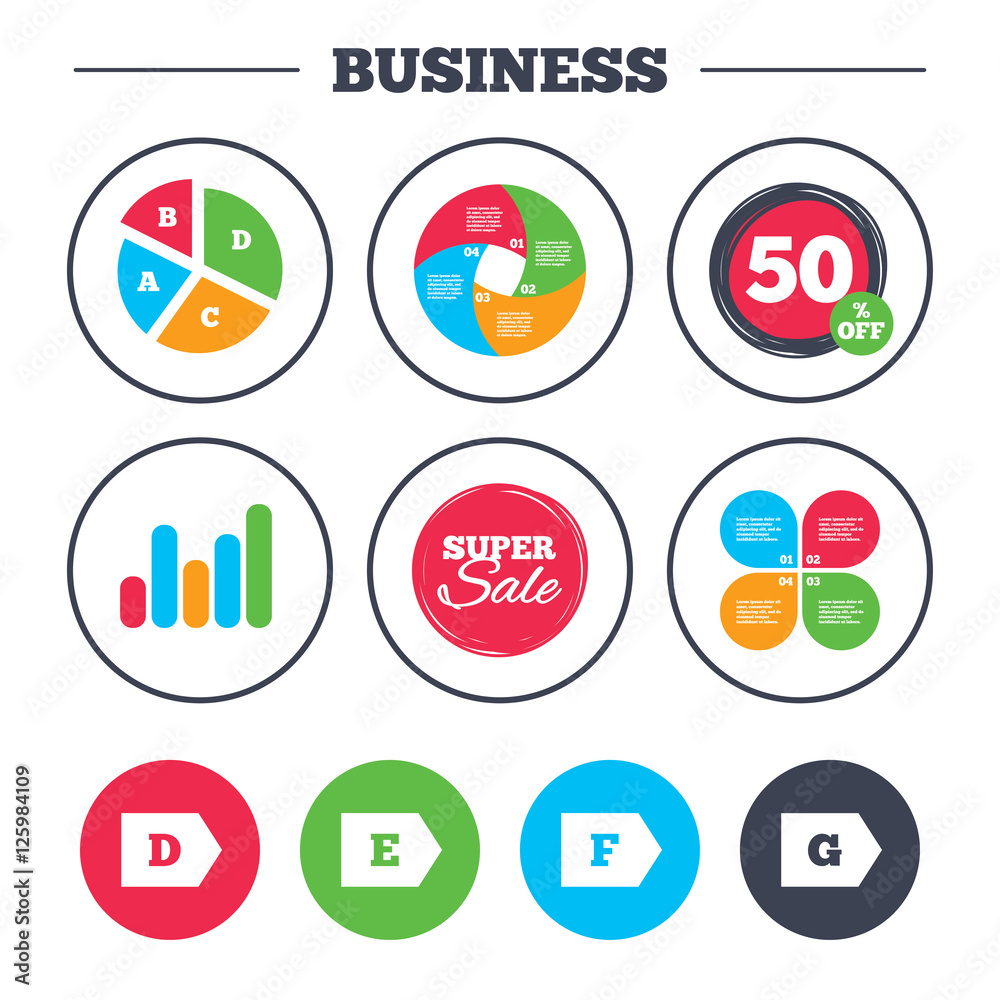Business pie chart. Growth graph. Energy efficiency class icons. Energy consumption sign symbols. Class D, E, F and G. Super sale and discount buttons. Vector