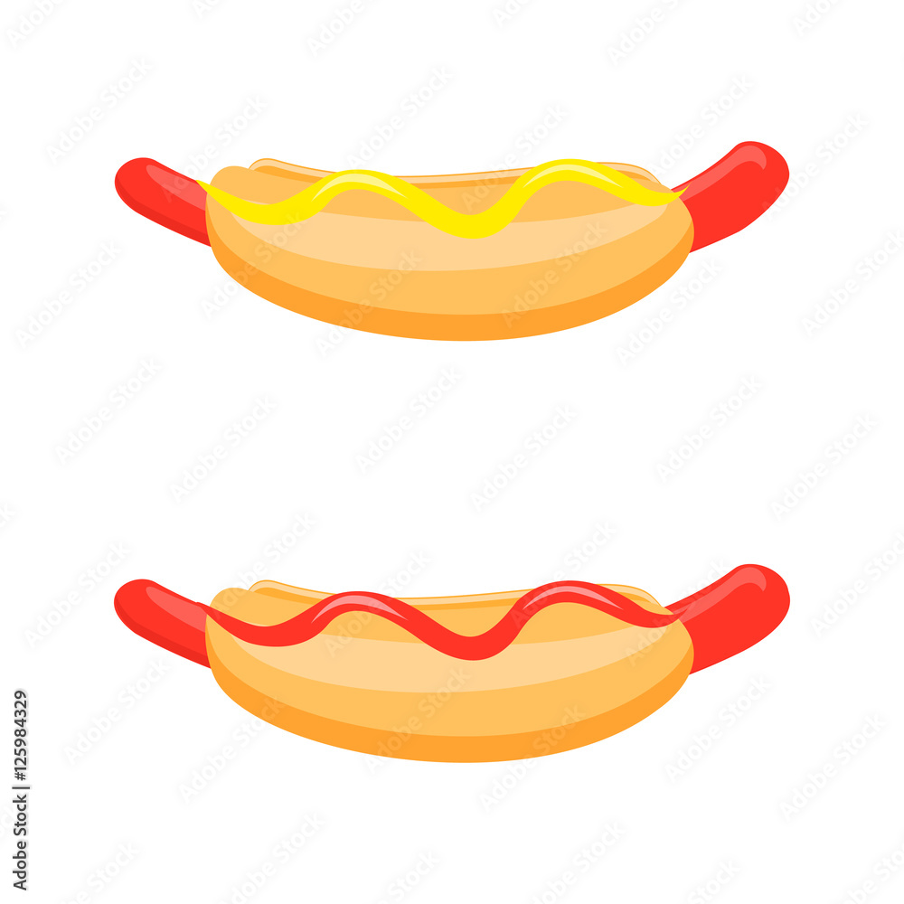 Cartoon hotdog with mustard and ketchup. Set hot dogs isolated on a white background Cartoon hotdog with mustard and ketchup. Set hot dogs isolated on a white background