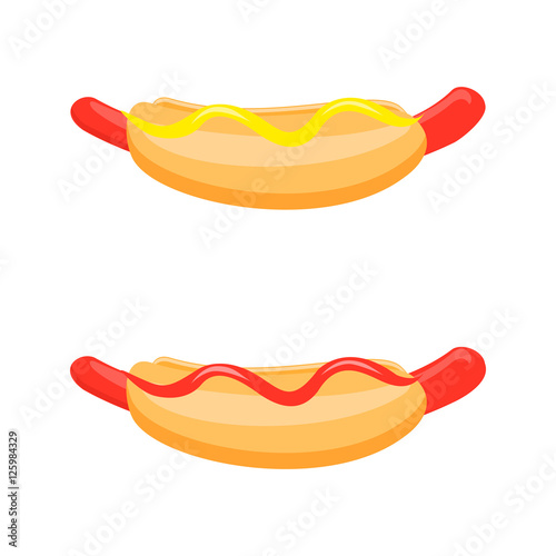 Cartoon hotdog with mustard and ketchup. Set hot dogs isolated on a white background