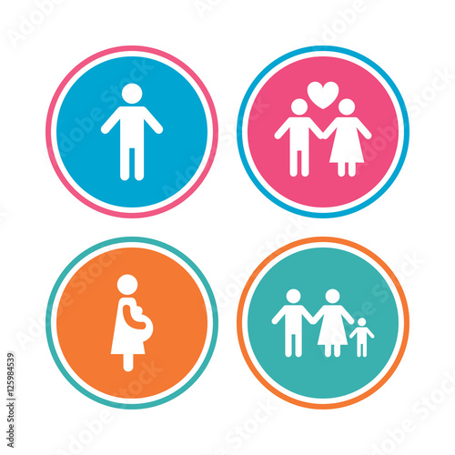 Family lifetime icons. Couple love, pregnancy and birth of a child symbols. Human male person sign. Colored circle buttons. Vector