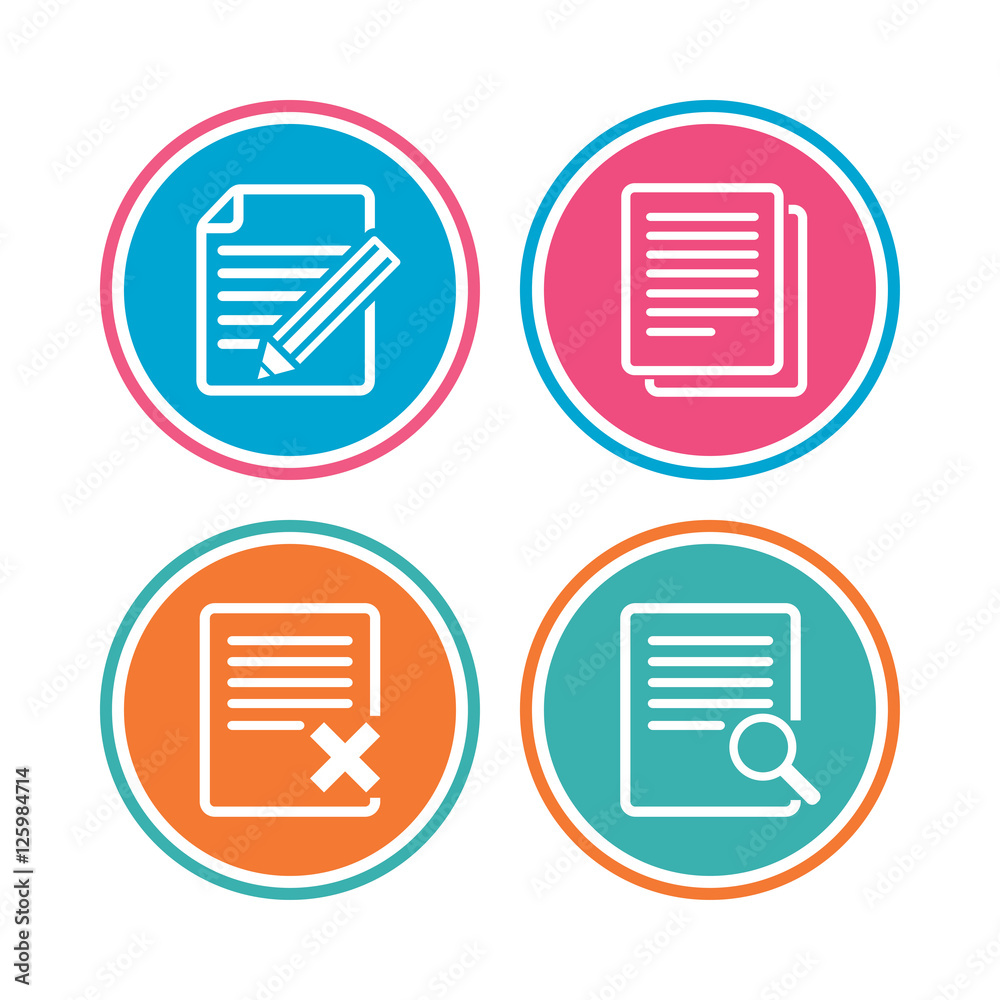 File document icons. Search or find symbol. Edit content with pencil sign. Remove or delete file. Colored circle buttons. Vector File document icons. Search or find symbol. Edit content with pencil sign. Remove or delete file. Colored circle buttons. Vector