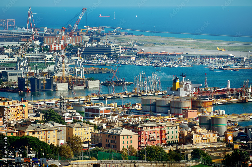 Genoa port docks, view from above, Liguria, Italy