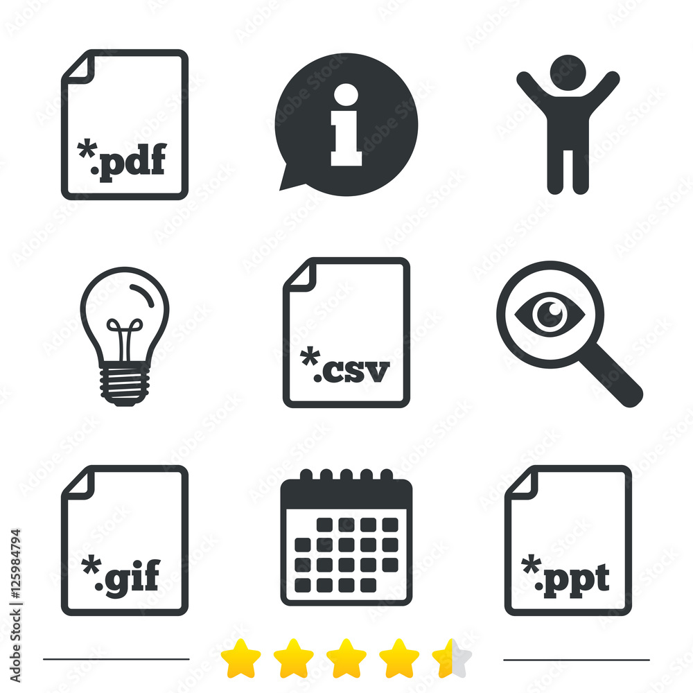Download document icons. File extensions symbols. PDF, GIF, CSV and PPT presentation signs. Information, light bulb and calendar icons. Investigate magnifier. Vector Download document icons. File extensions symbols. PDF, GIF, CSV and PPT presentation signs. Information, light bulb and calendar icons. Investigate magnifier. Vector