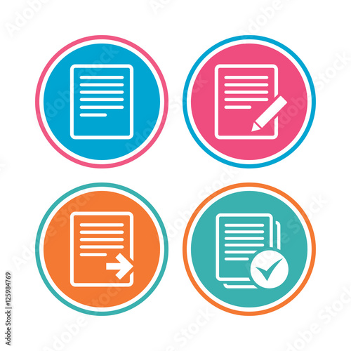 File document icons. Download file symbol. Edit content with pencil sign. Select file with checkbox. Colored circle buttons. Vector