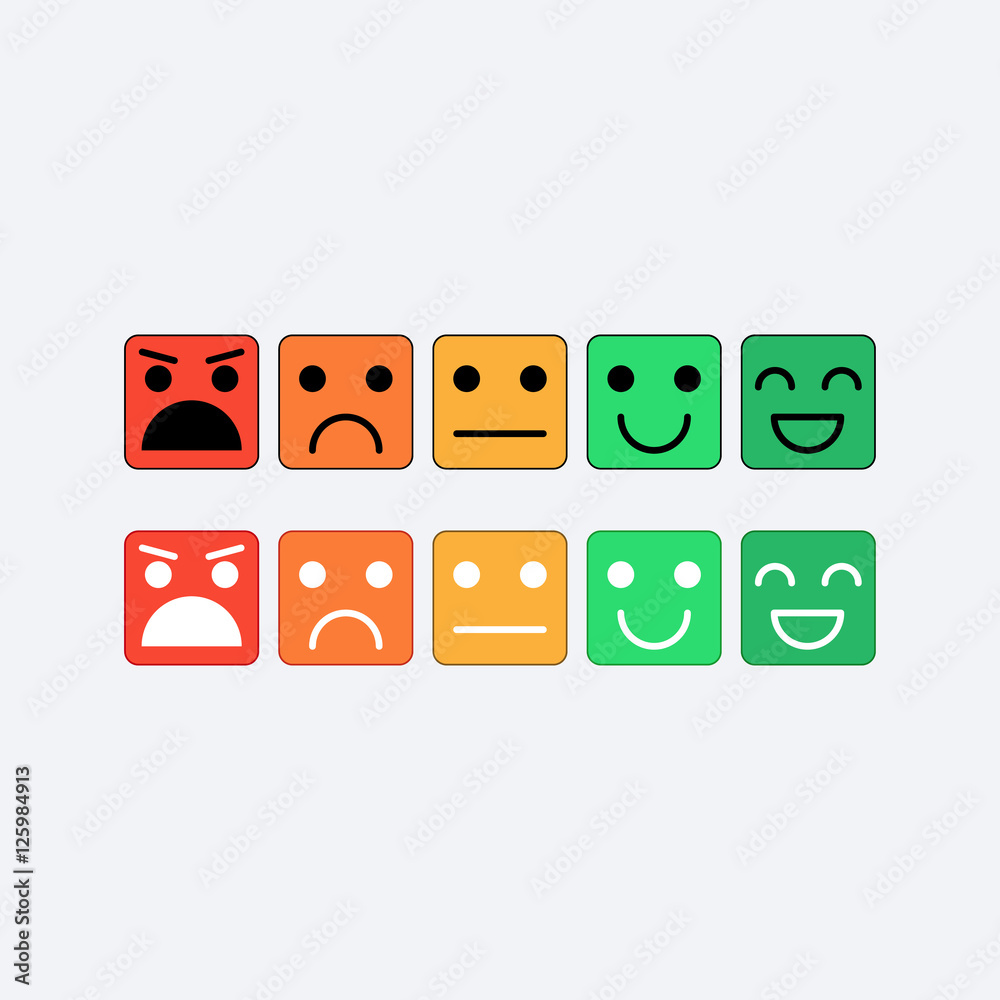 Color set square icon of Emoticons. Rank, level of satisfaction rating in form of emotions, smileys, emoji. Excellent, good, normal, bad, awful. Feedback, user experience in flat icon. Vector Color set square icon of Emoticons. Rank, level of satisfaction rating in form of emotions, smileys, emoji. Excellent, good, normal, bad, awful. Feedback, user experience in flat icon. Vector