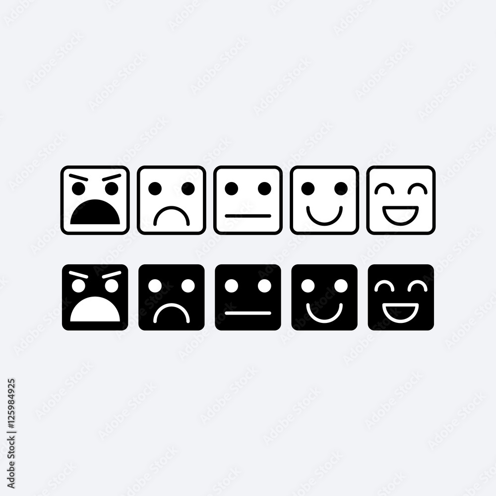 Black white set square icon of Emoticons. Rank, level of satisfaction rating in form of emotions, smileys, emoji. Excellent, good, normal, bad, awful. Feedback, user experience in flat icon. Vector Black white set square icon of Emoticons. Rank, level of satisfaction rating in form of emotions, smileys, emoji. Excellent, good, normal, bad, awful. Feedback, user experience in flat icon. Vector