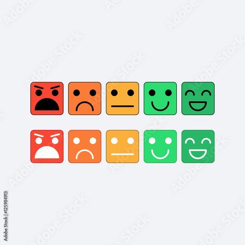 Color set square icon of Emoticons. Rank, level of satisfaction rating in form of emotions, smileys, emoji. Excellent, good, normal, bad, awful. Feedback, user experience in flat icon. Vector