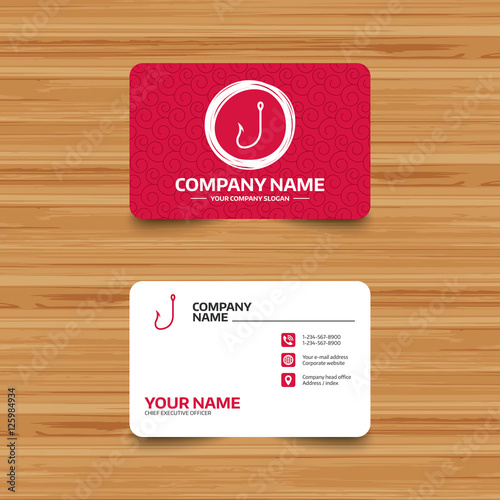 Business card template with texture. Fishing hook sign icon. Fishermen tackle symbol. Phone, web and location icons. Visiting card  Vector