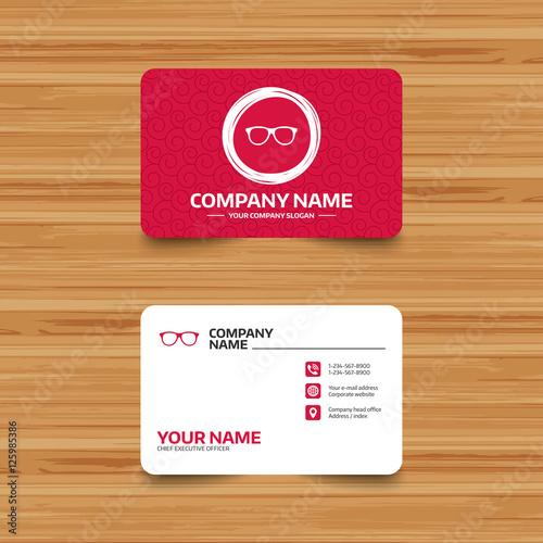 Business card template with texture. Retro glasses sign icon. Eyeglass frame symbol. Phone, web and location icons. Visiting card  Vector