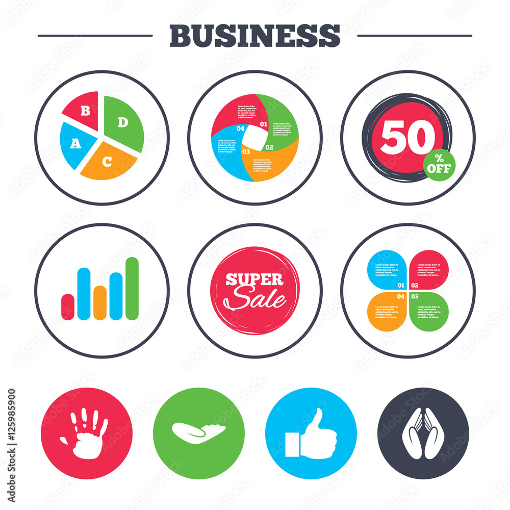Business pie chart. Growth graph. Hand icons. Like thumb up symbol. Insurance protection sign. Human helping donation hand. Prayer hands. Super sale and discount buttons. Vector