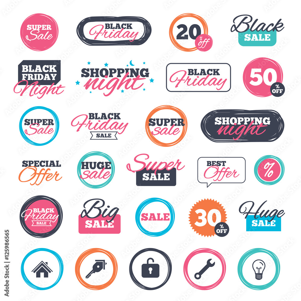 Sale shopping stickers and banners. Home key icon. Wrench service tool symbol. Locker sign. Main page web navigation. Website badges. Black friday. Vector