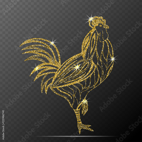 Rooster vector illustration. Stylized gold rooster isolated on dark background