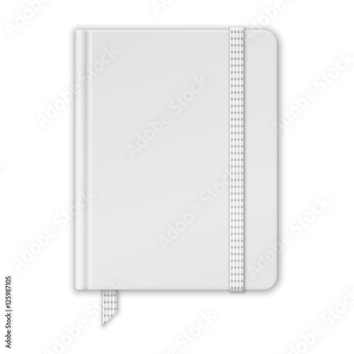 Blank White Notebook. Copybook Template With Band And Bookmark.