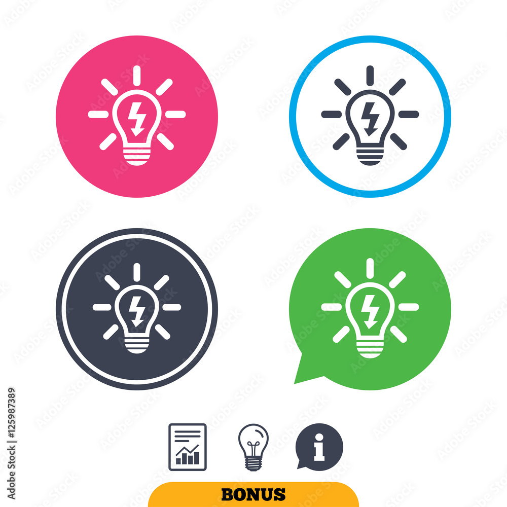 Light lamp sign icon. Bulb with lightning symbol. Idea symbol. Report document, information sign and light bulb icons. Vector Light lamp sign icon. Bulb with lightning symbol. Idea symbol. Report document, information sign and light bulb icons. Vector