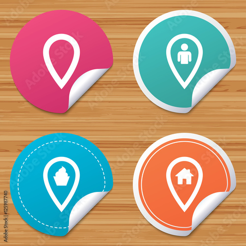 Round stickers or website banners. Map pointer icons. Home, food and user location symbols. Restaurant and cupcake signs. You are here. Circle badges with bended corner. Vector