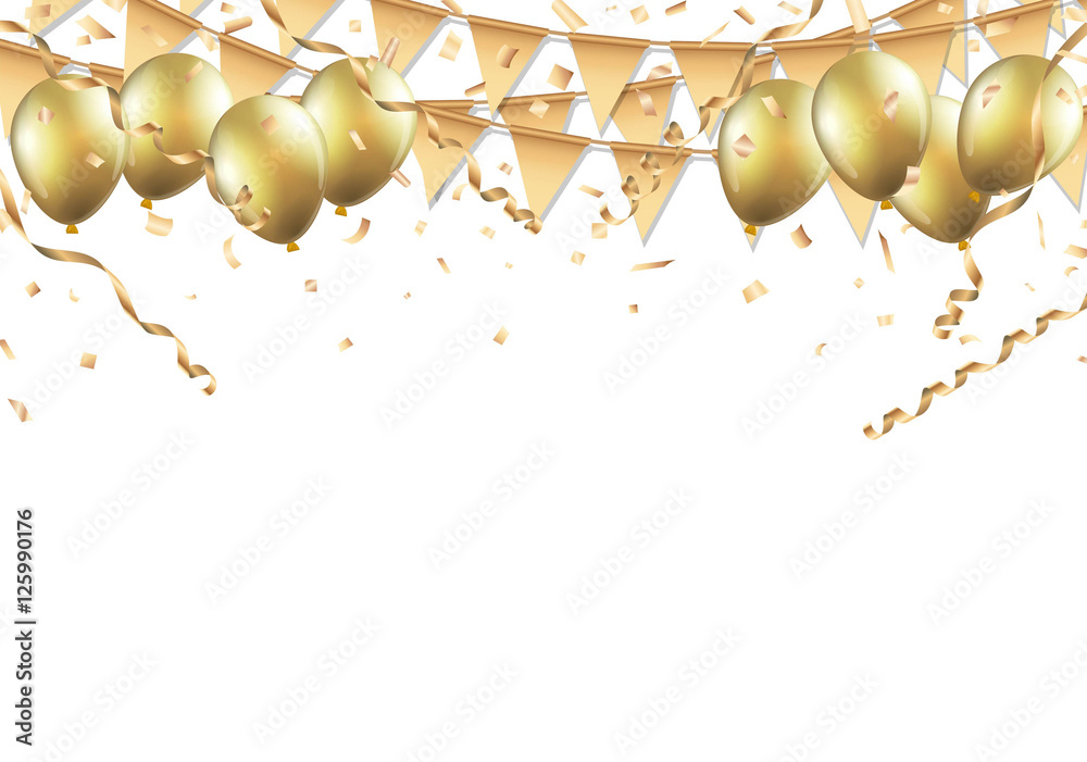 Fotografie Gold balloons, confetti and streamers on white background Vector