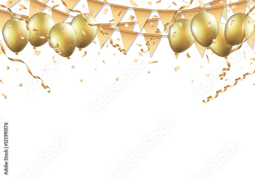 Gold balloons, confetti and streamers on white background Vector