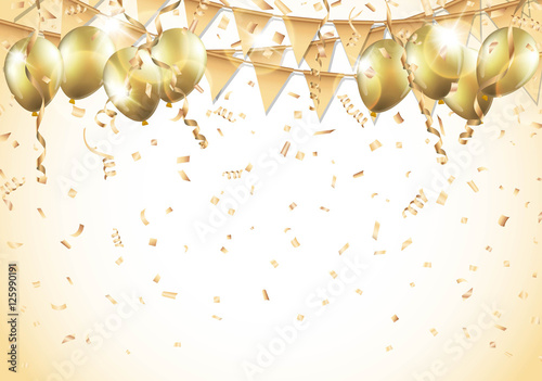 Gold balloons, confetti and streamers Vector