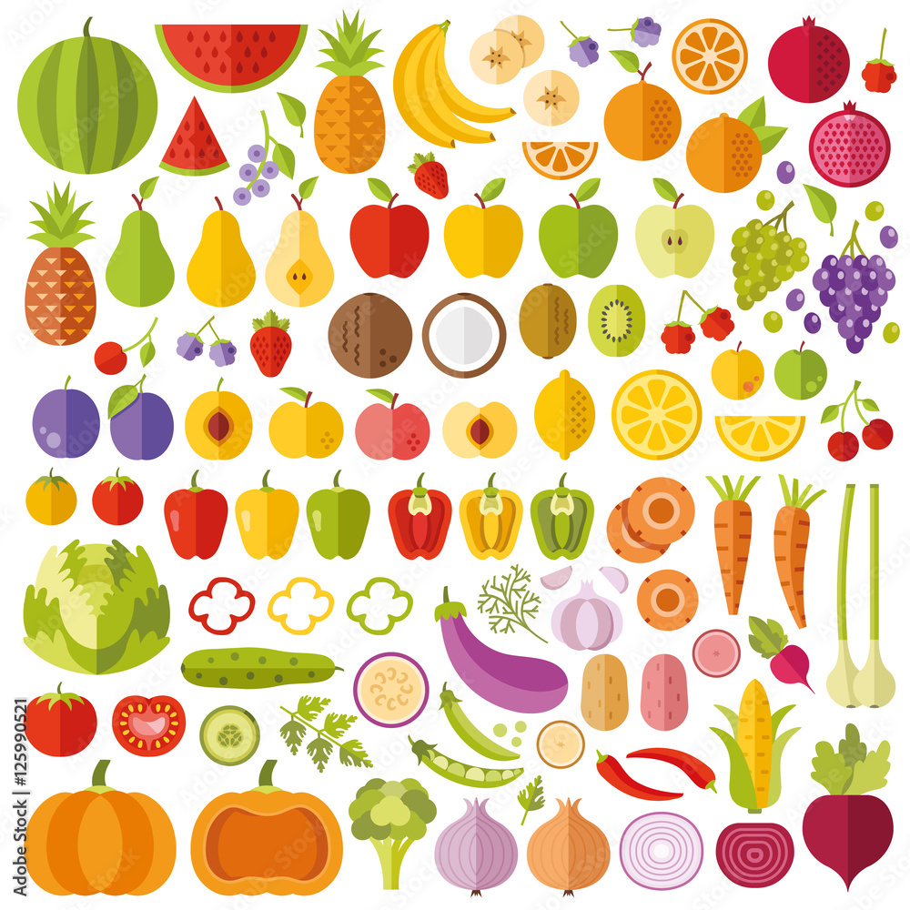 Obraz premium Fruits and vegetables flat icons set. Colorful flat design graphic elements collection. Vector icons, vector illustrations