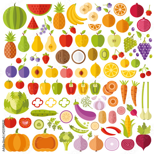 Fototapeta Naklejka Na Ścianę i Meble -  Fruits and vegetables flat icons set. Colorful flat design graphic elements collection. Vector icons, vector illustrations