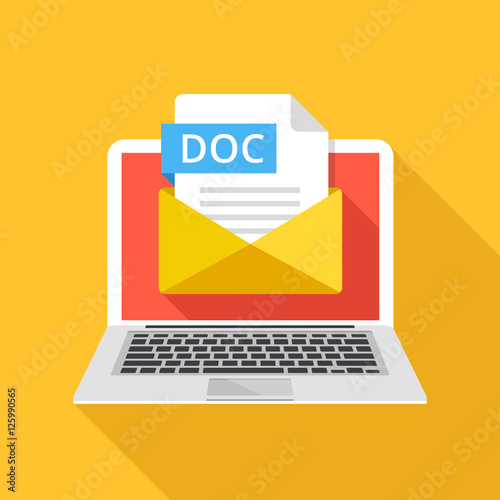 Laptop with envelope and DOC file extension. Notebook, email, file attachment DOC document. Trendy graphic elements. Modern long shadow flat design. Vector illustration