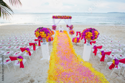 Floral arrangement at a wedding ceremony on beach..
