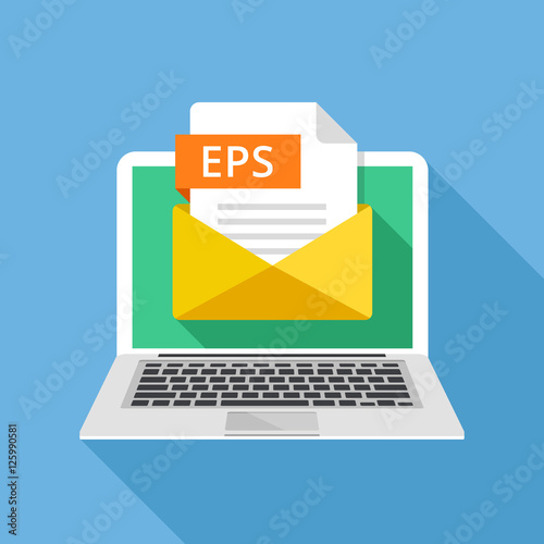 Laptop with envelope and EPS file. Notebook and email, file attachment EPS document. Trendy graphic elements. Modern long shadow flat design. Vector illustration