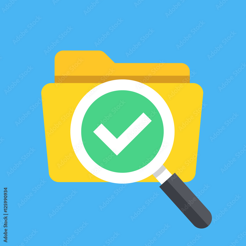 Folder and magnifying glass with tick checkmark icon. Modern flat design vector illustration Folder and magnifying glass with tick checkmark icon. Modern flat design vector illustration