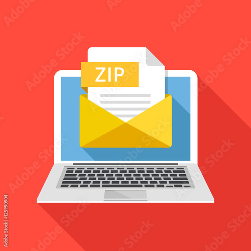 Laptop with envelope and ZIP file. Notebook and email with file attachment ZIP archive. Trendy graphic elements and concepts. Modern long shadow flat design. Vector illustration