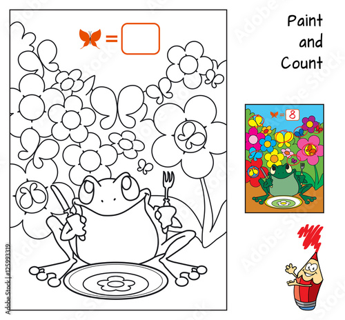 How many butterflies hide from the frog? Education counting game for children. Coloring book. Cartoon vector illustration