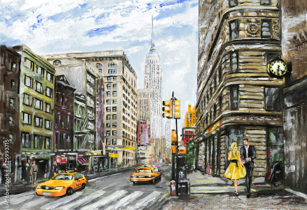 oil painting on canvas, street view of New York, man and woman, yellow taxi,  modern Artwork,  American city, illustration New York