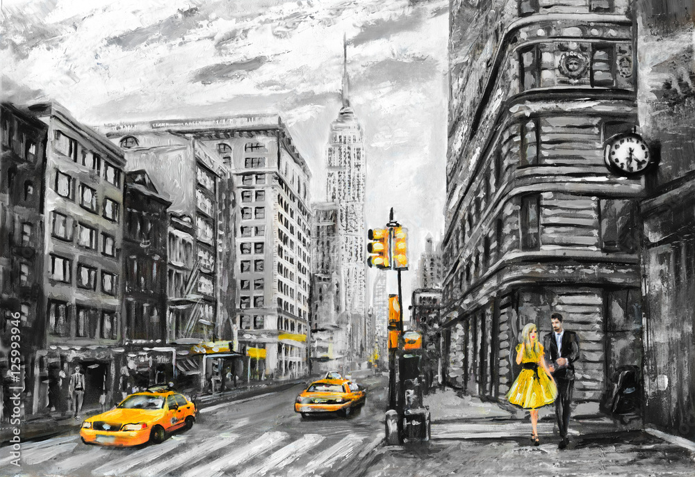 oil painting on canvas, street view of New York, man and woman, yellow taxi, modern Artwork, New York in gray and yellow colors, American city, illustration New York