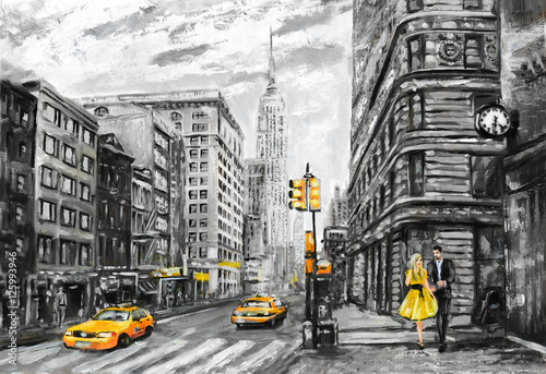 Obraz na płótnie obraz olejny na płótnie, widok ulicy Nowego Jorku, mężczyzna i kobieta, żółte taksówki, nowoczesne dzieła sztuki, Nowy Jork w szarych i żółtych kolorach, amerykańskie miasto, ilustracja Nowy Jork