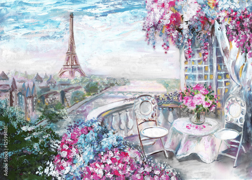 Obraz Obraz olejny, letnia kawiarnia w Paryżu. łagodny krajobraz miasta. Widok z góry