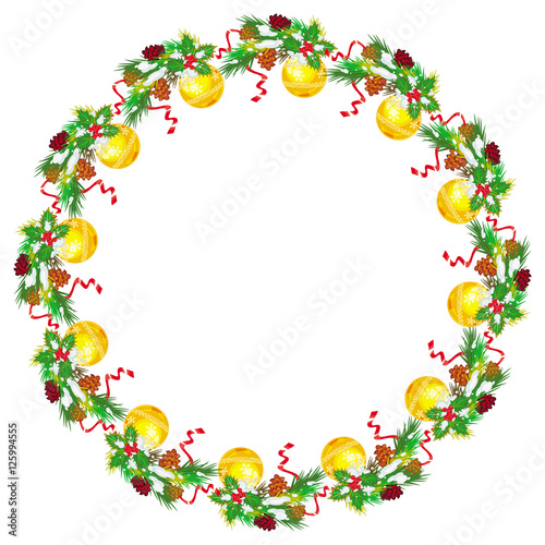 Holiday round garland decorated with pine branch, snow-flakes and cones.