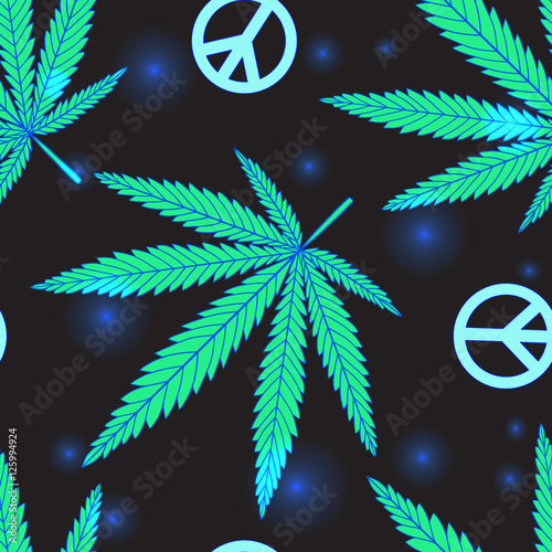 Cannabis leafs and peace symbol seamless pattern on blak backgro