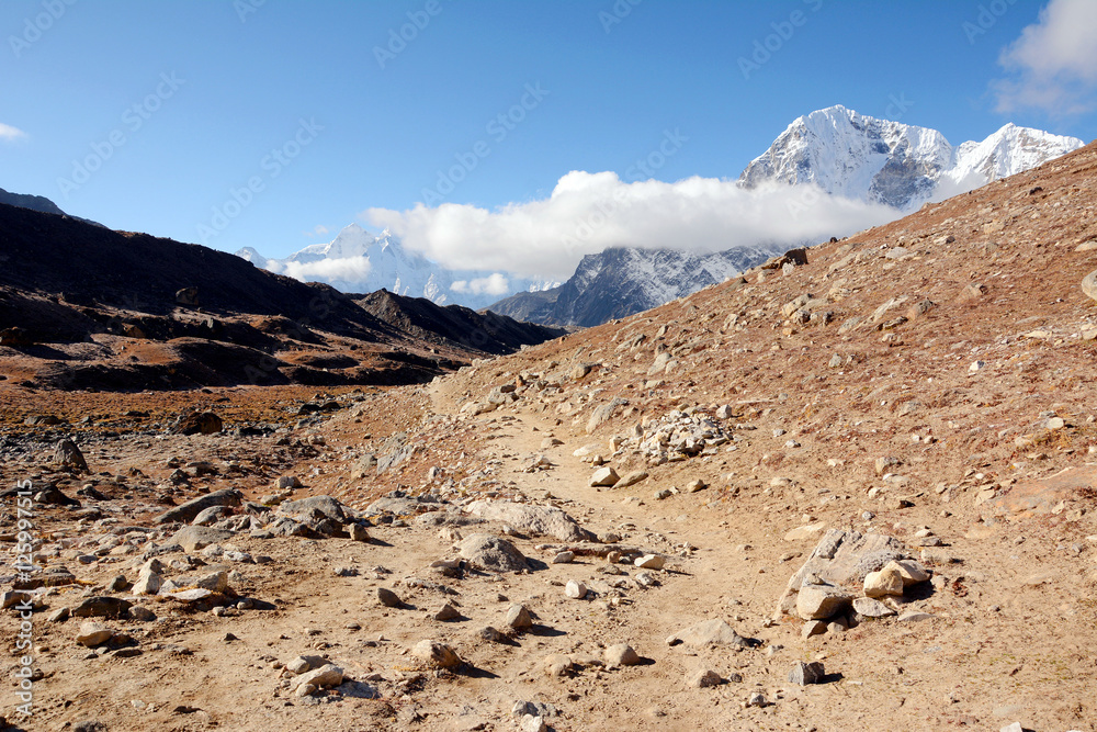 Hiking in Khumbu Valley in Himalayas mountains, Everest Base camp trek, Nepal.