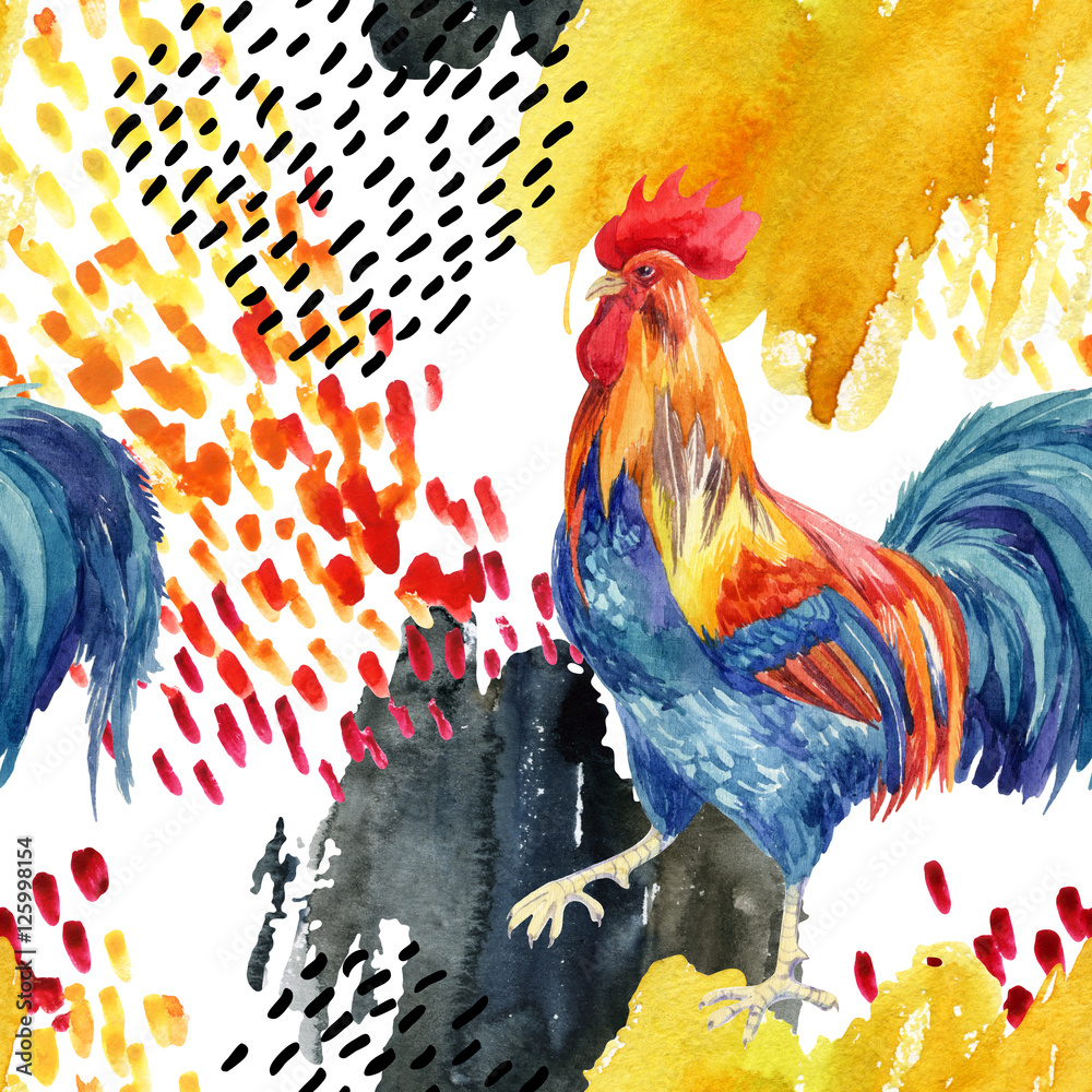Fototapeta premium abstract watercolor rooster seamless pattern