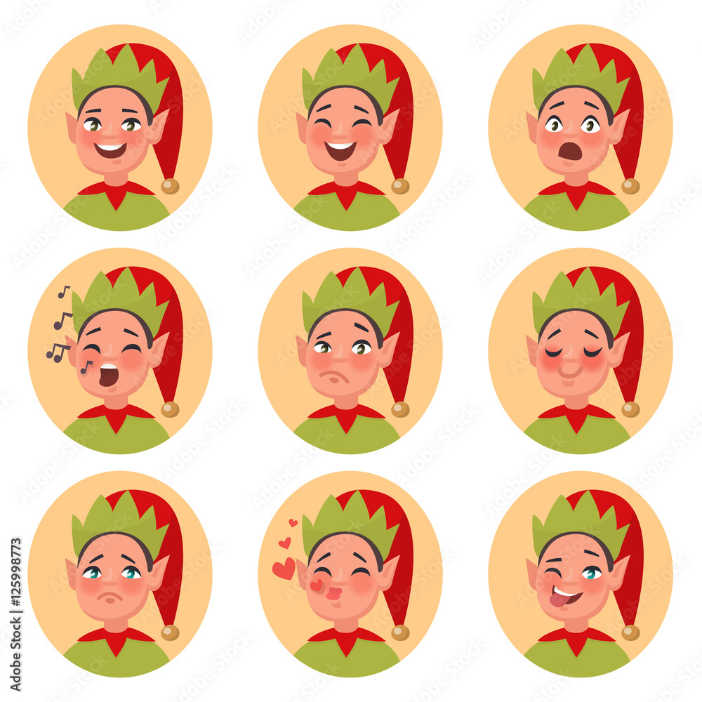 Christmas elf emoji face icons. Set of different emotions charac Christmas elf emoji face icons. Set of different emotions charac