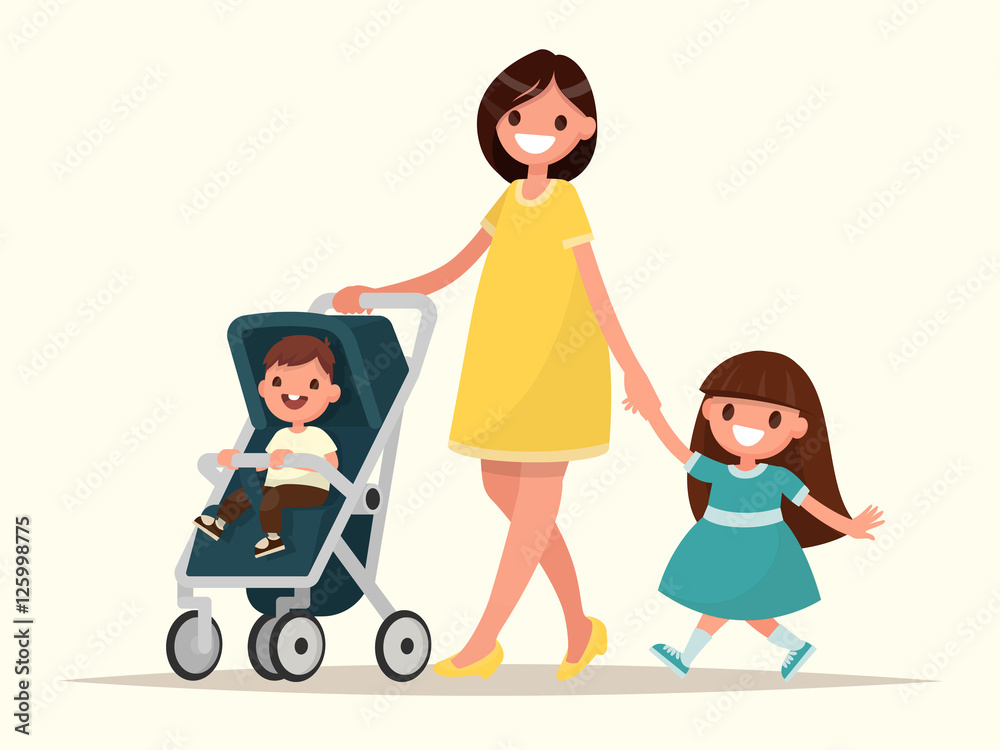 Motherhood. Happy young mother with her daughter and a toddler i Motherhood. Happy young mother with her daughter and a toddler i