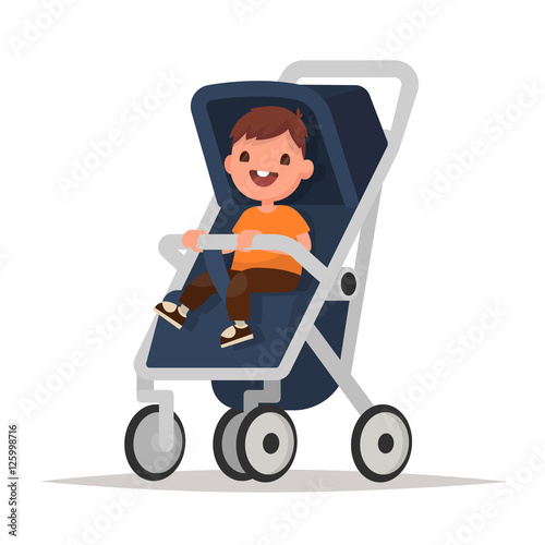Baby boy in stroller on a white background. Vector illustration