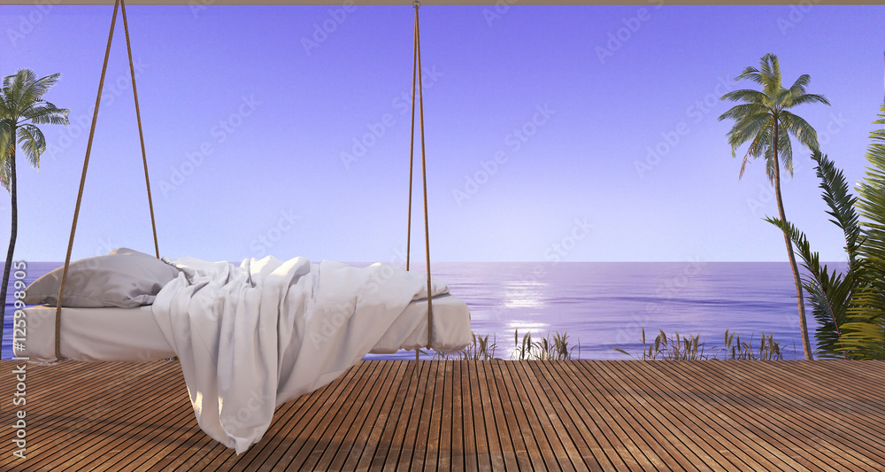 3d rendering beautiful hanging bed on wood terrace near beach and sea with nice sky view and palm tree in hawaii in the evening 3d rendering beautiful hanging bed on wood terrace near beach and sea with nice sky view and palm tree in hawaii in the evening
